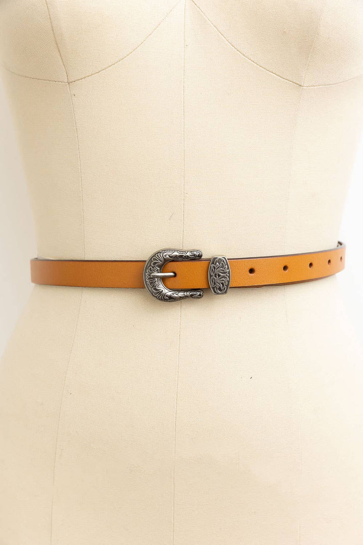 Western Style Skinny Leather Belt - Cowgirl Chic: Black