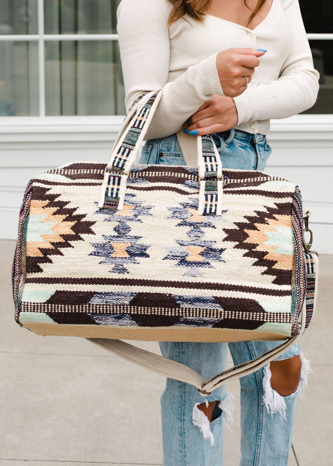 Tan, Brown & Blue Aztec Duffel
