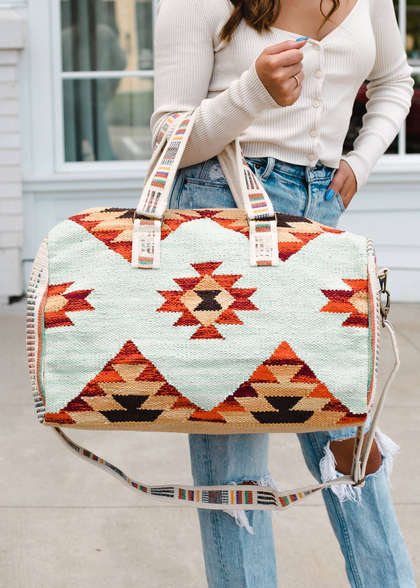 Mint & Multicolored Aztec Duffel